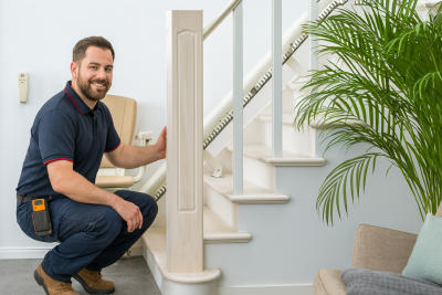 Blauwe stoel van traplift onderaan de traplift Blauwe stoel van traplift onderaan de traplift